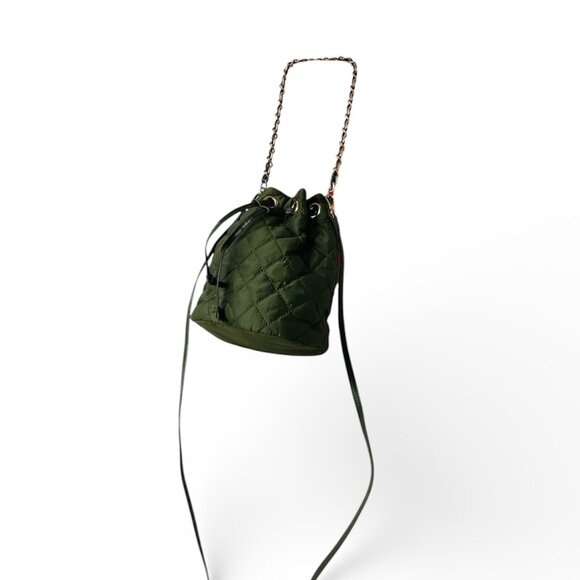 Ann Taylor Army Green Quilted Drawstring Bucket Bag | Crossbody & Shoulder Strap - Picture 2 of 8